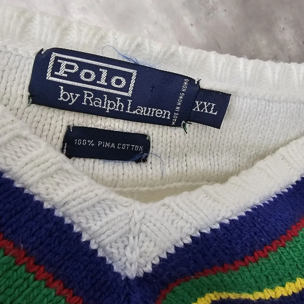 Vintage 90s Polo‎ Ralph Lauren Mens 2XL Vneck White Chunky Knit Cricket Sweater